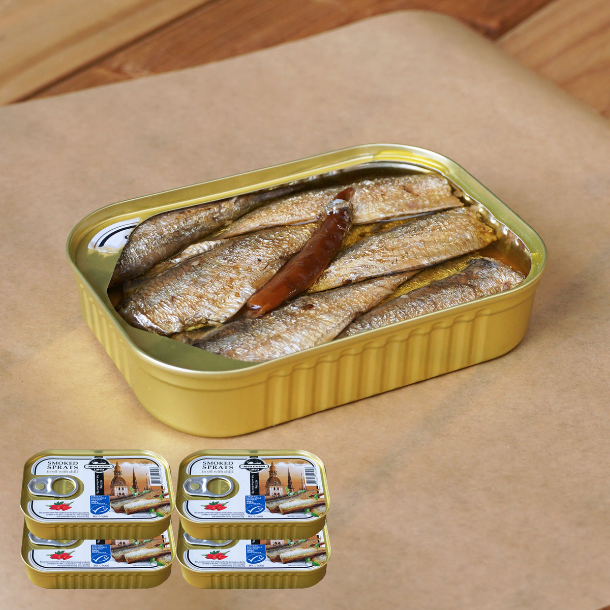 MSC 認証 無添加 唐辛子入り 小魚 燻製 オイル漬け 缶詰 BPAフリー (100g×4) ホライズンファームズ